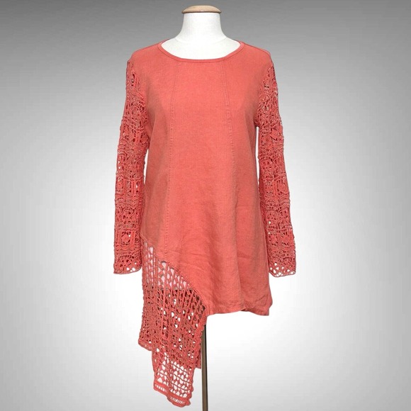 XCVI Women Top L Coral Linen Crochet‎ Lace Asymmetrical Tunic Boho Hippie Beachy - Picture 1 of 16